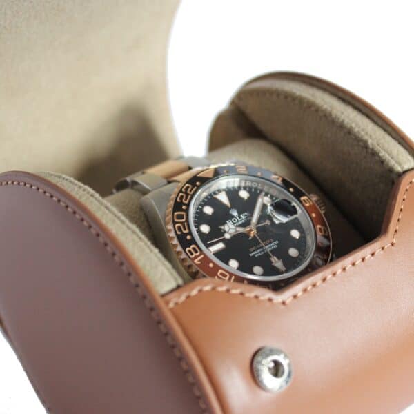 Leather Single Watch Roll in tan detail 2