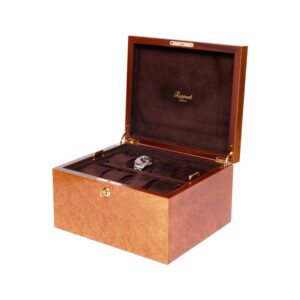 Rapport Heritage 16 Watch Box Burr Walnut Front Angle Open