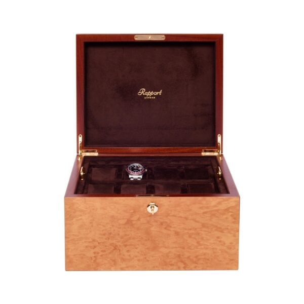 Rapport Heritage 16 Watch Box Burr Walnut Front Open